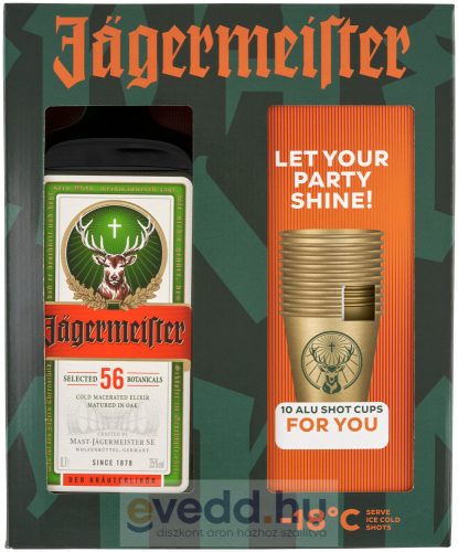 Jagermeister 0,7L Gyógynövénylikőr  35% + 10 Alupohár Díszdobozban (DRS)*